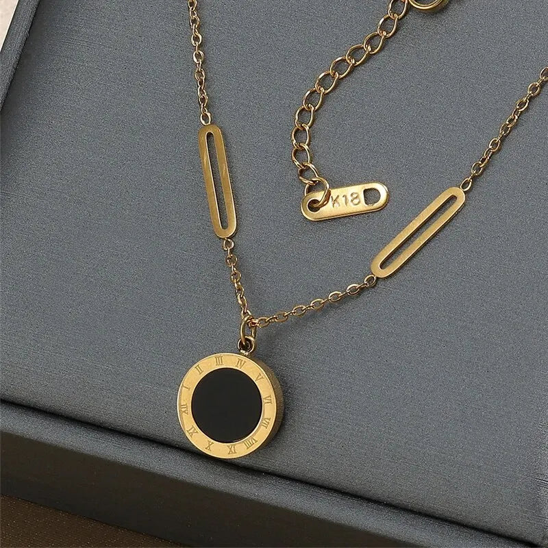 Fashion Roman Digital Wafer Pendant Necklace Stainless Steel