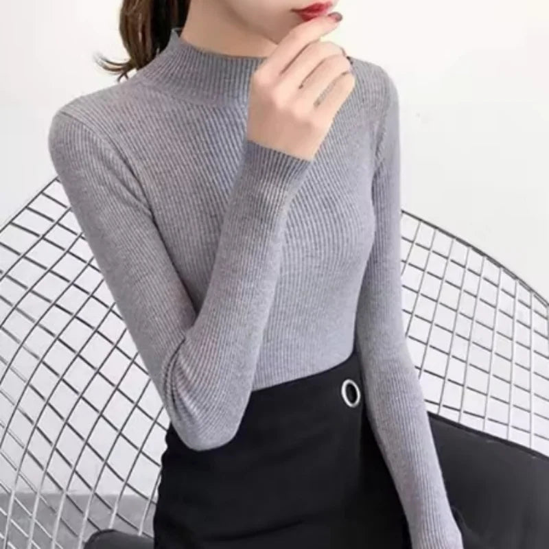 Autumn Winter Mock Neck Women Sweater Vintage Basic Solid Knitted Tops Casual Slim