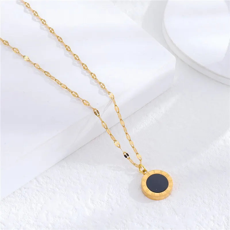 Fashion Roman Digital Wafer Pendant Necklace Stainless Steel