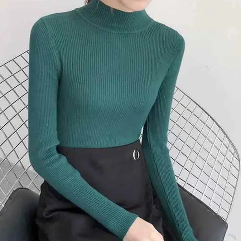 Autumn Winter Mock Neck Women Sweater Vintage Basic Solid Knitted Tops Casual Slim