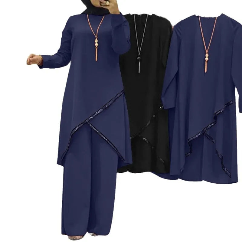 Women Eid Musulman Ensemble Muslim Sets Solid Blouses Wide Leg Pants Ramadan Morocco Two Pieces