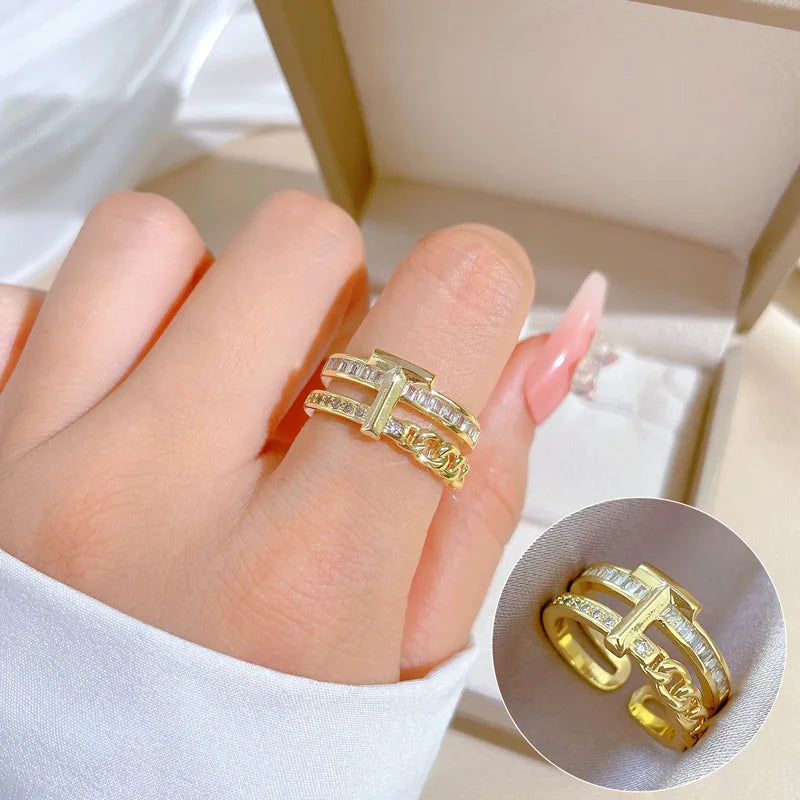 Nail Copper Zirconia Adjustable Rings For Women Fashion Gold Color