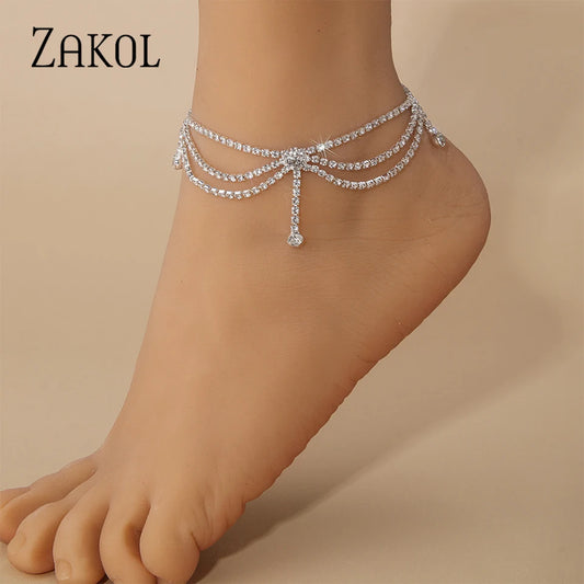 ZAKOL Fashion Shiny Crystal Anklet Bracelet for Women Silver Color