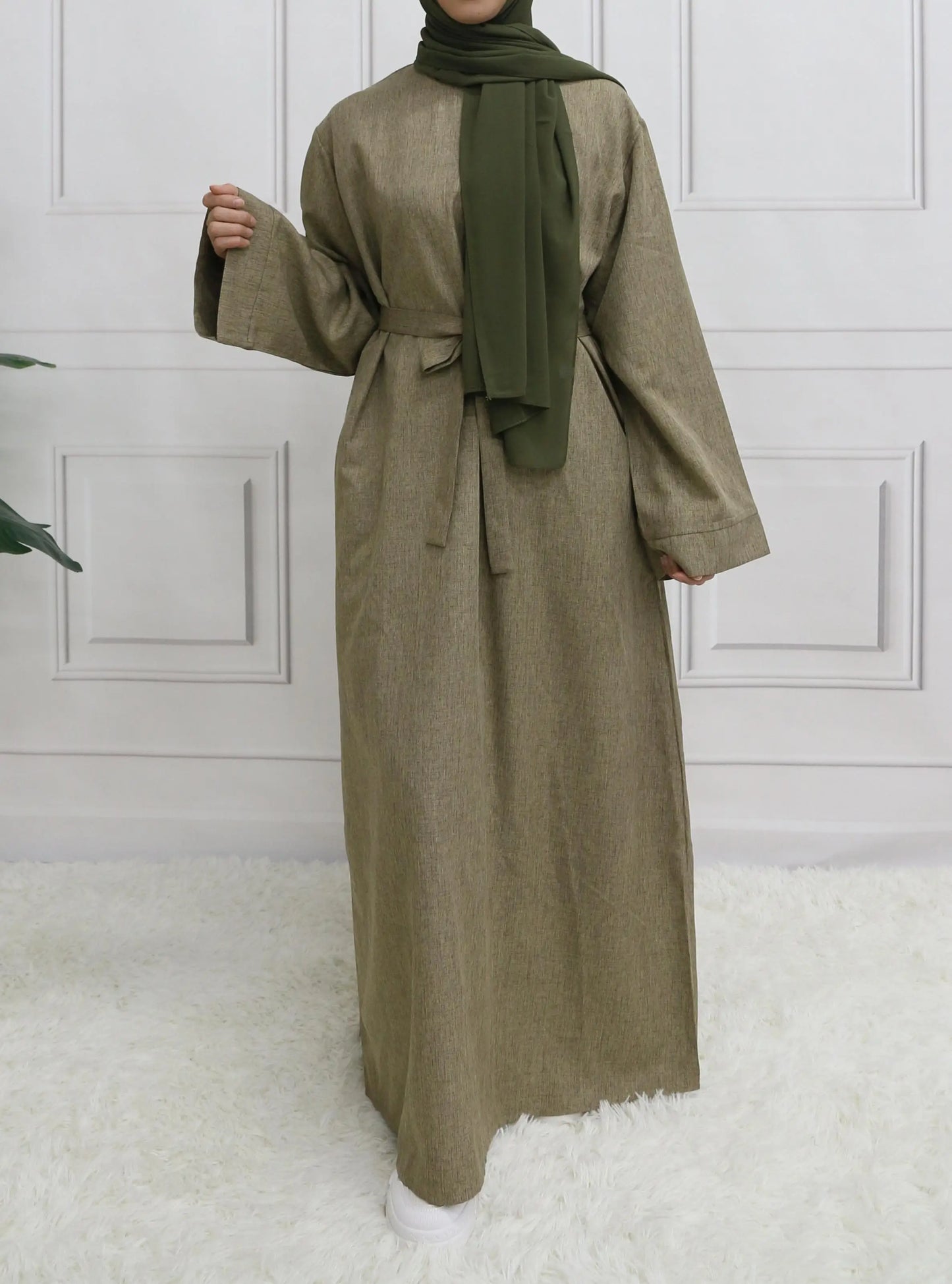 Modest Closed Plain Long Sleeve Abaya Without Hijab With Belt