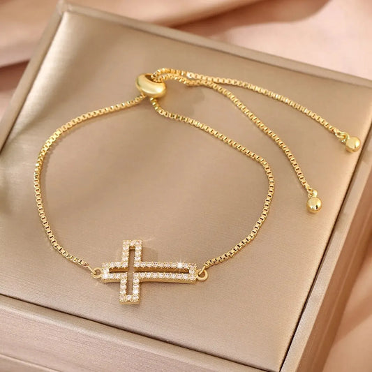 Stylish Copper Set Zirconium Cross Bracelet  WOMEN'S Gold Silver Color