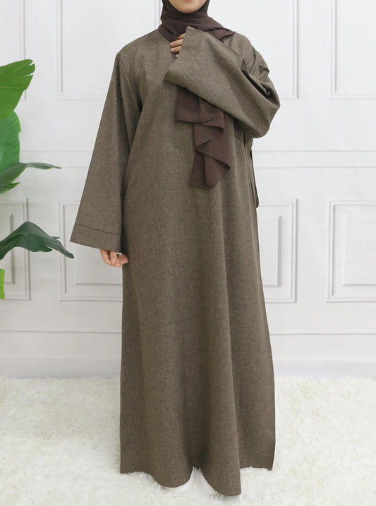 Modest Closed Plain Long Sleeve Abaya Without Hijab With Belt