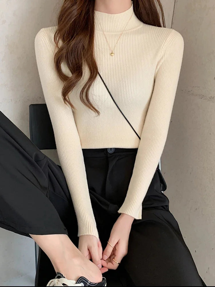 Autumn Winter Mock Neck Women Sweater Vintage Basic Solid Knitted Tops Casual Slim