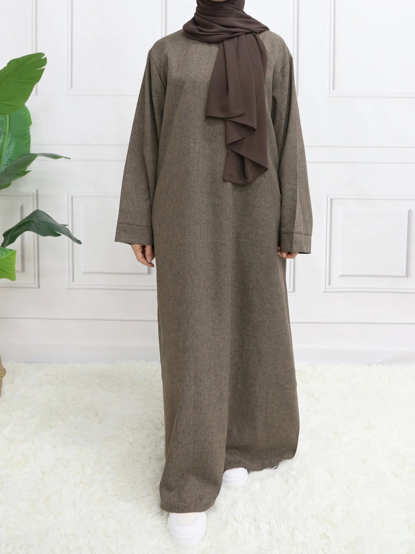 Modest Closed Plain Long Sleeve Abaya Without Hijab With Belt