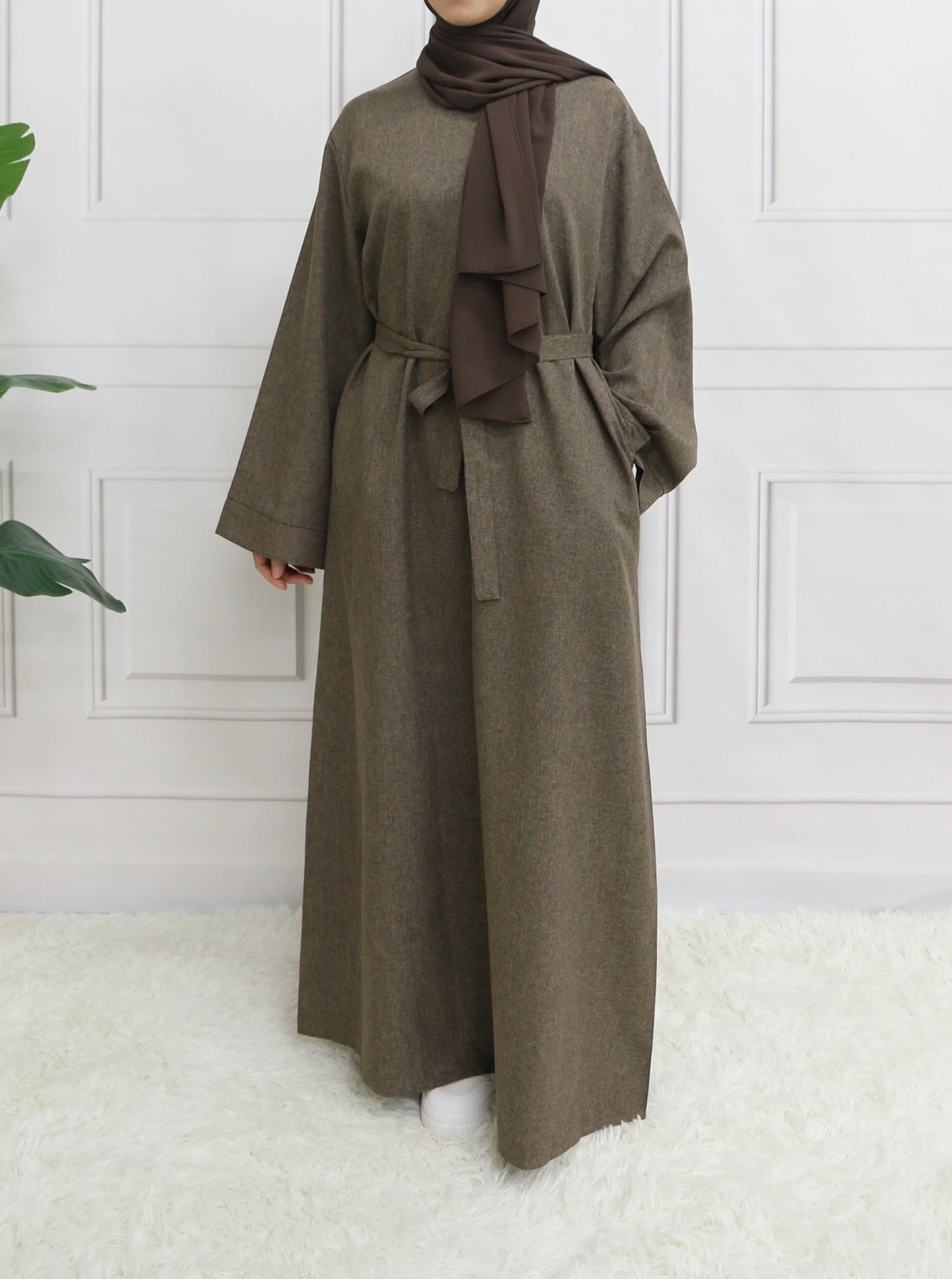 Modest Closed Plain Long Sleeve Abaya Without Hijab With Belt