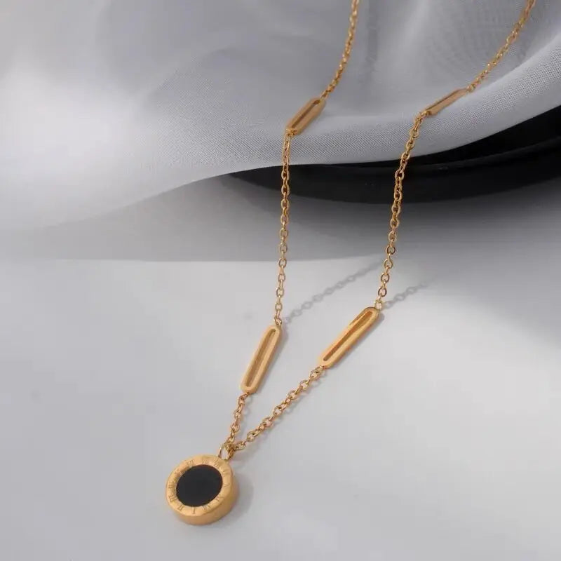 Fashion Roman Digital Wafer Pendant Necklace Stainless Steel