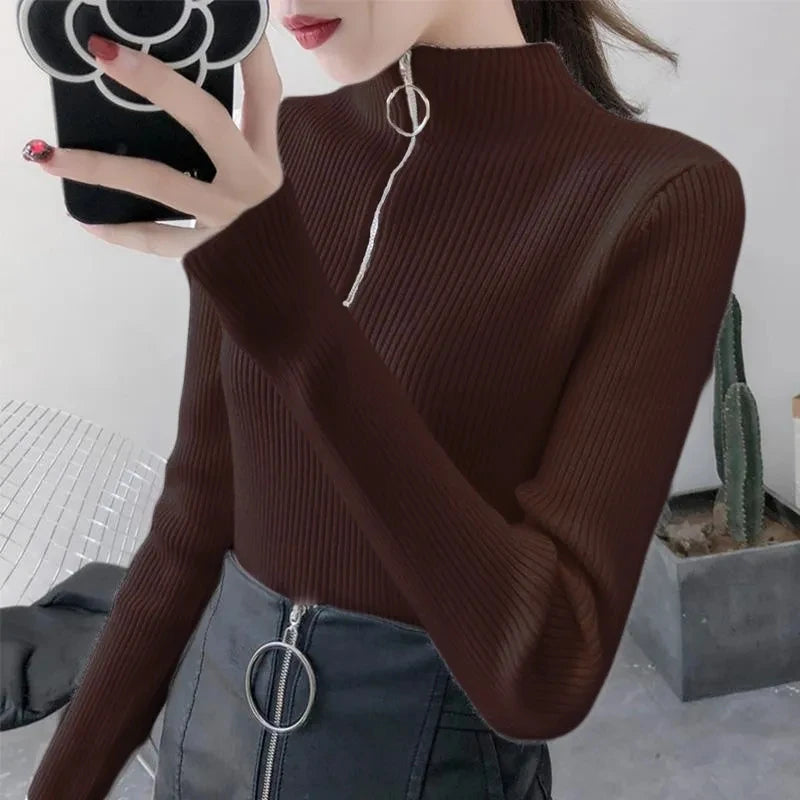 Knitted Women Zipper Half High Neck Sweater Pullovers Autumn Winter Basic Women