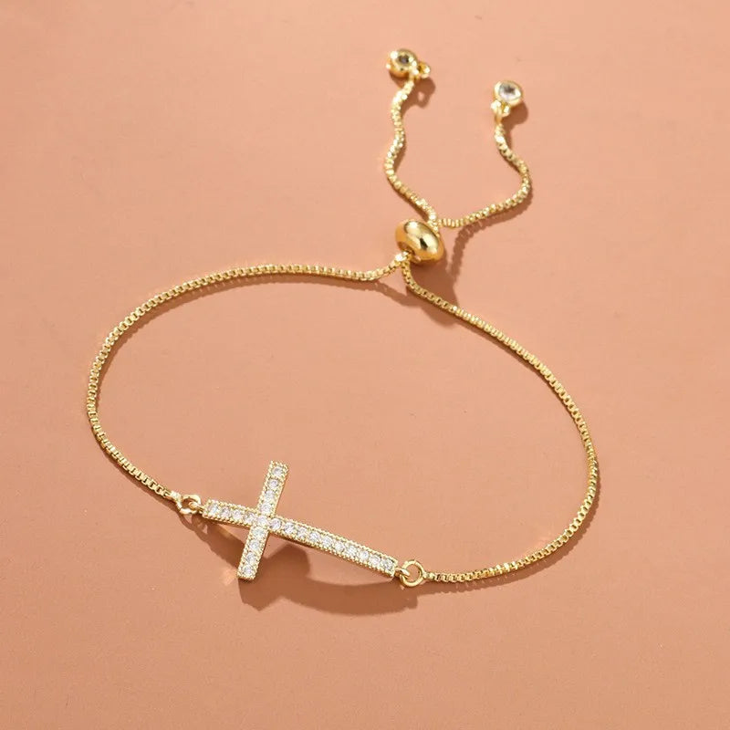 Stylish Copper Set Zirconium Cross Bracelet  WOMEN'S Gold Silver Color