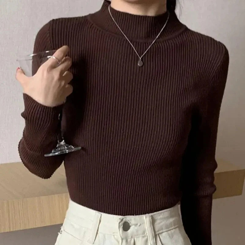 Autumn Winter Mock Neck Women Sweater Vintage Basic Solid Knitted Tops Casual Slim