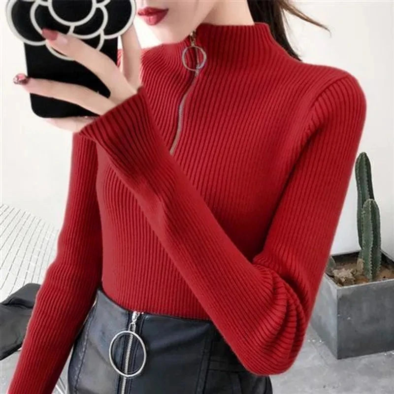 Knitted Women Zipper Half High Neck Sweater Pullovers Autumn Winter Basic Women