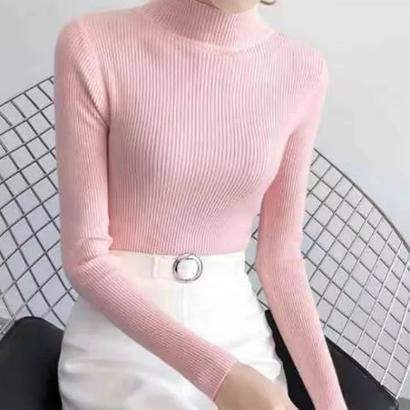 Autumn Winter Mock Neck Women Sweater Vintage Basic Solid Knitted Tops Casual Slim