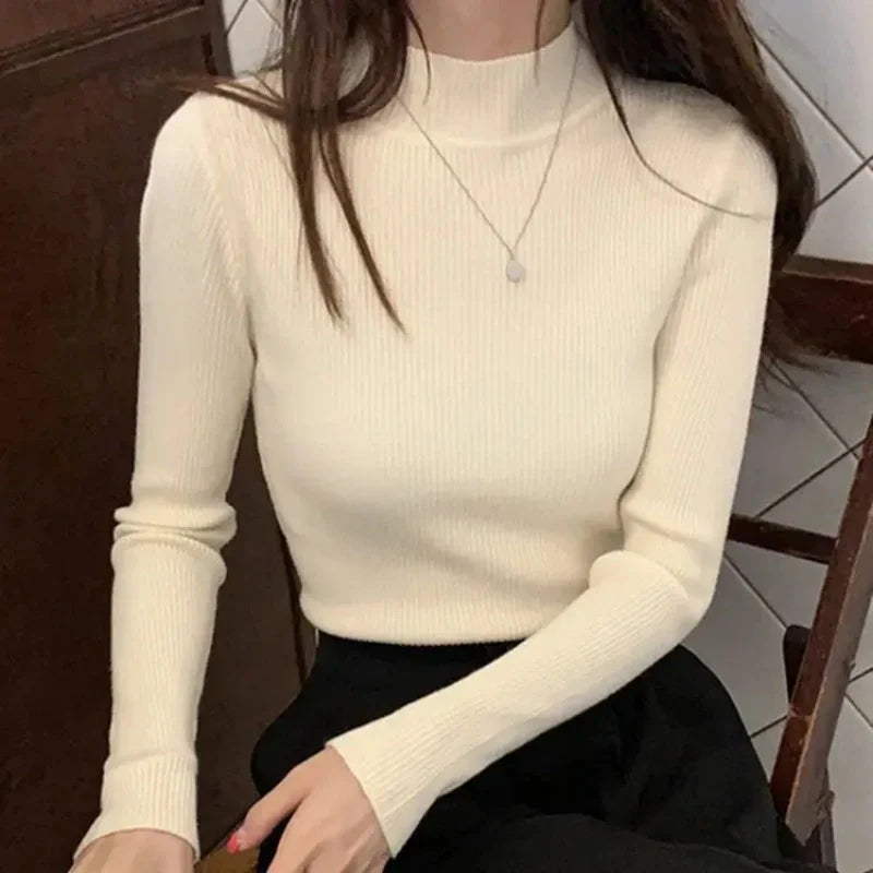 Autumn Winter Mock Neck Women Sweater Vintage Basic Solid Knitted Tops Casual Slim