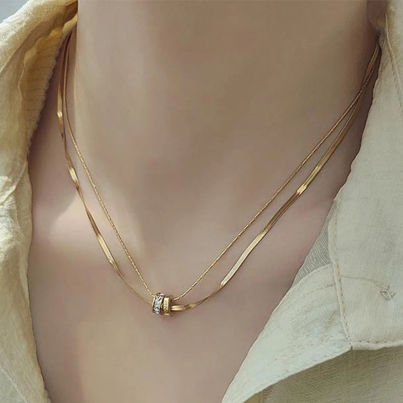 Trendy Stainless Steel Double Layer Necklace for Women Fashion