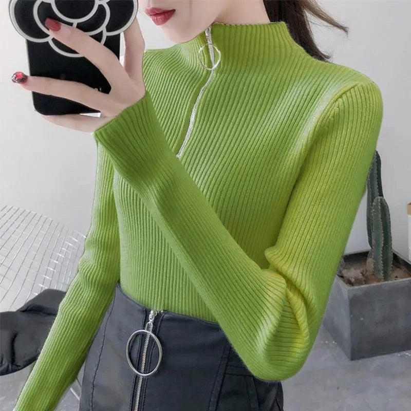 Knitted Women Zipper Half High Neck Sweater Pullovers Autumn Winter Basic Women