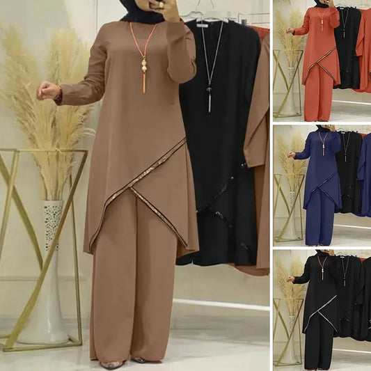 Women Eid Musulman Ensemble Muslim Sets Solid Blouses Wide Leg Pants Ramadan Morocco Two Pieces