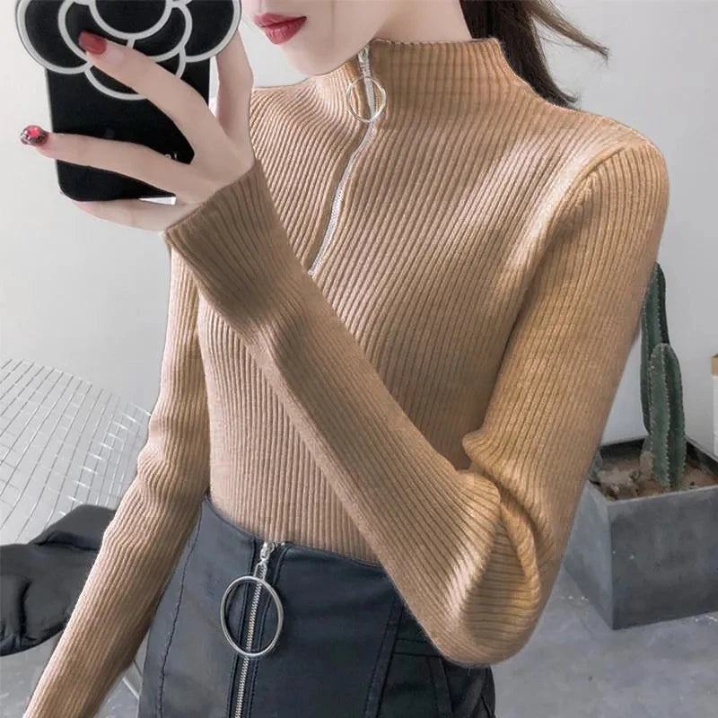 Knitted Women Zipper Half High Neck Sweater Pullovers Autumn Winter Basic Women