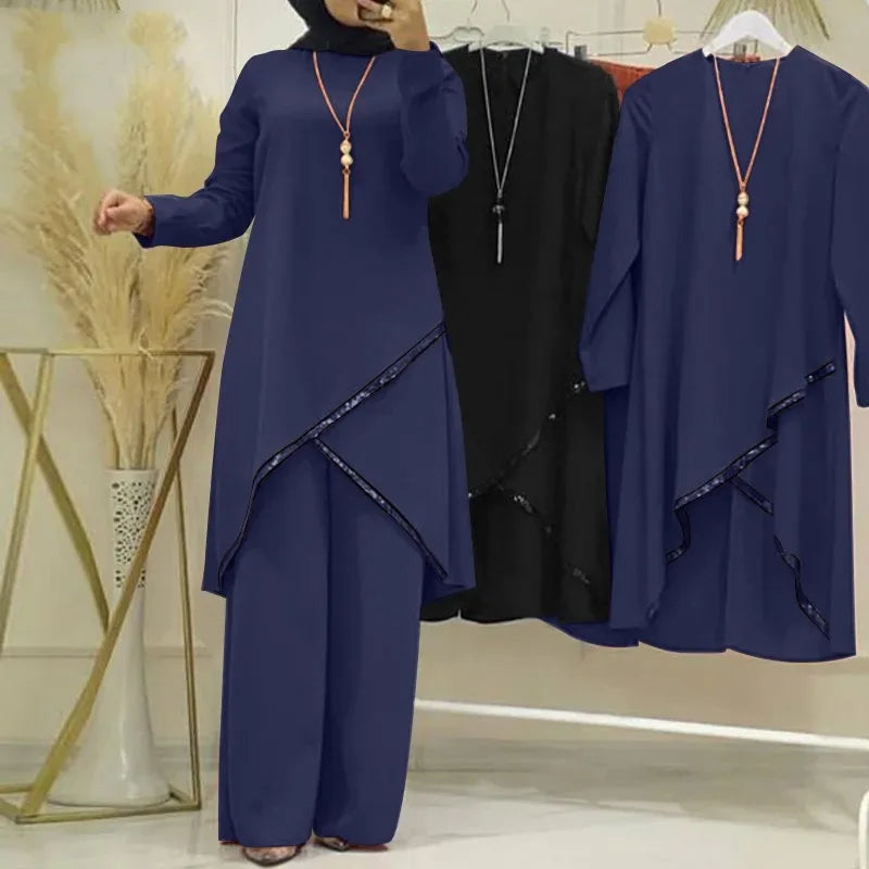 Women Eid Musulman Ensemble Muslim Sets Solid Blouses Wide Leg Pants Ramadan Morocco Two Pieces