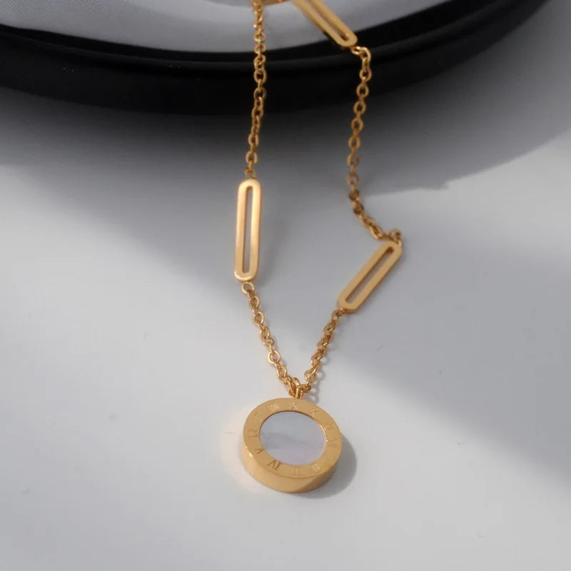 Fashion Roman Digital Wafer Pendant Necklace Stainless Steel