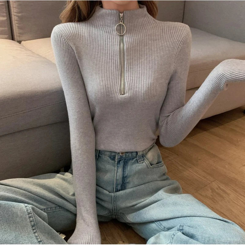 Knitted Women Zipper Half High Neck Sweater Pullovers Autumn Winter Basic Women