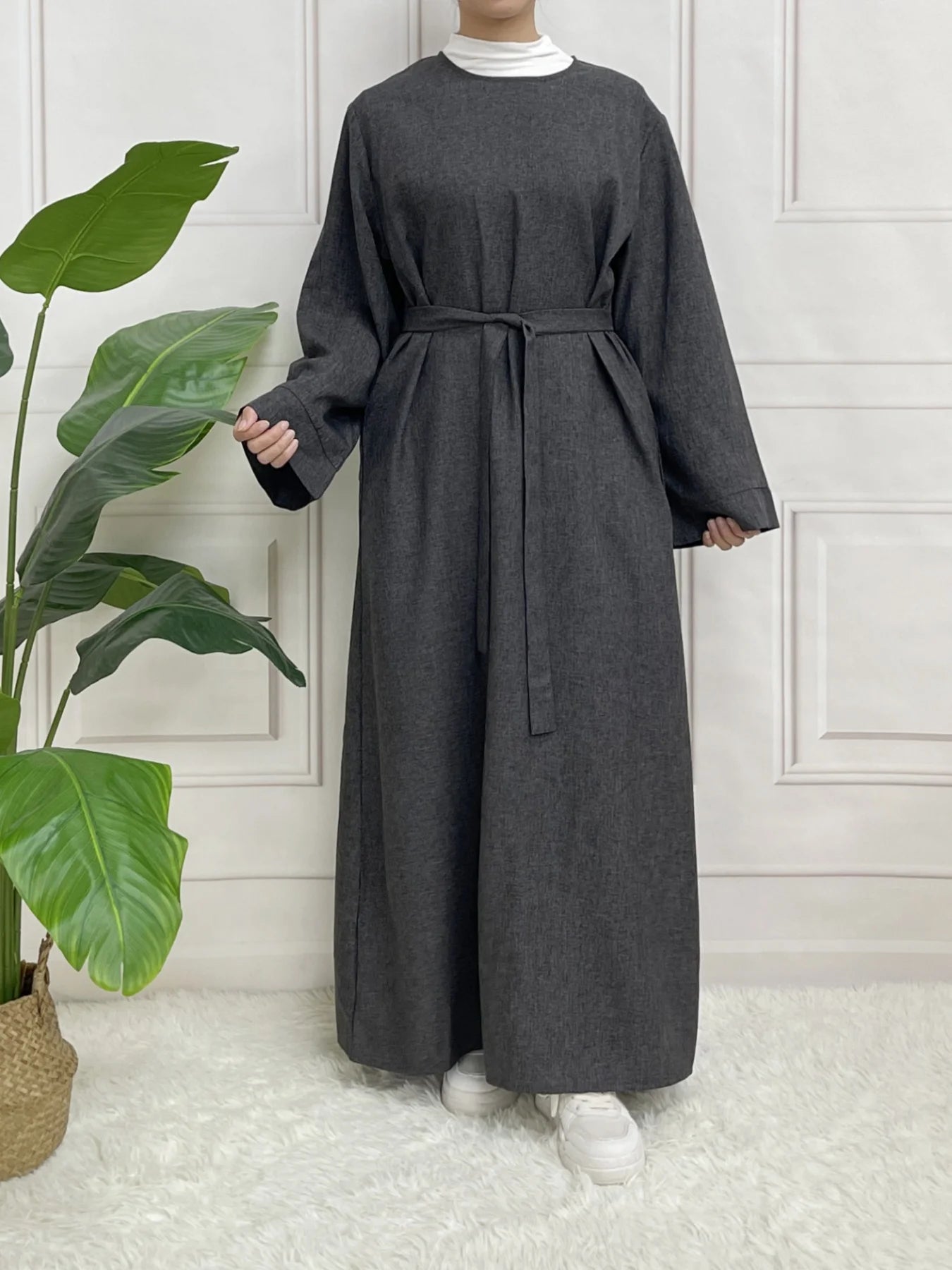 Modest Closed Plain Long Sleeve Abaya Without Hijab With Belt