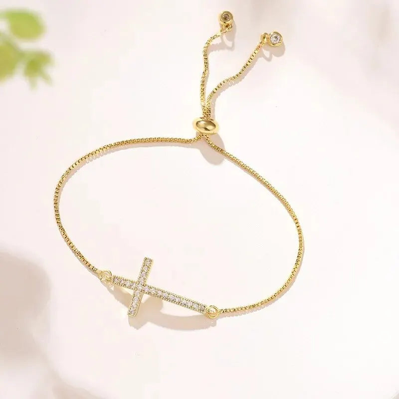 Stylish Copper Set Zirconium Cross Bracelet  WOMEN'S Gold Silver Color