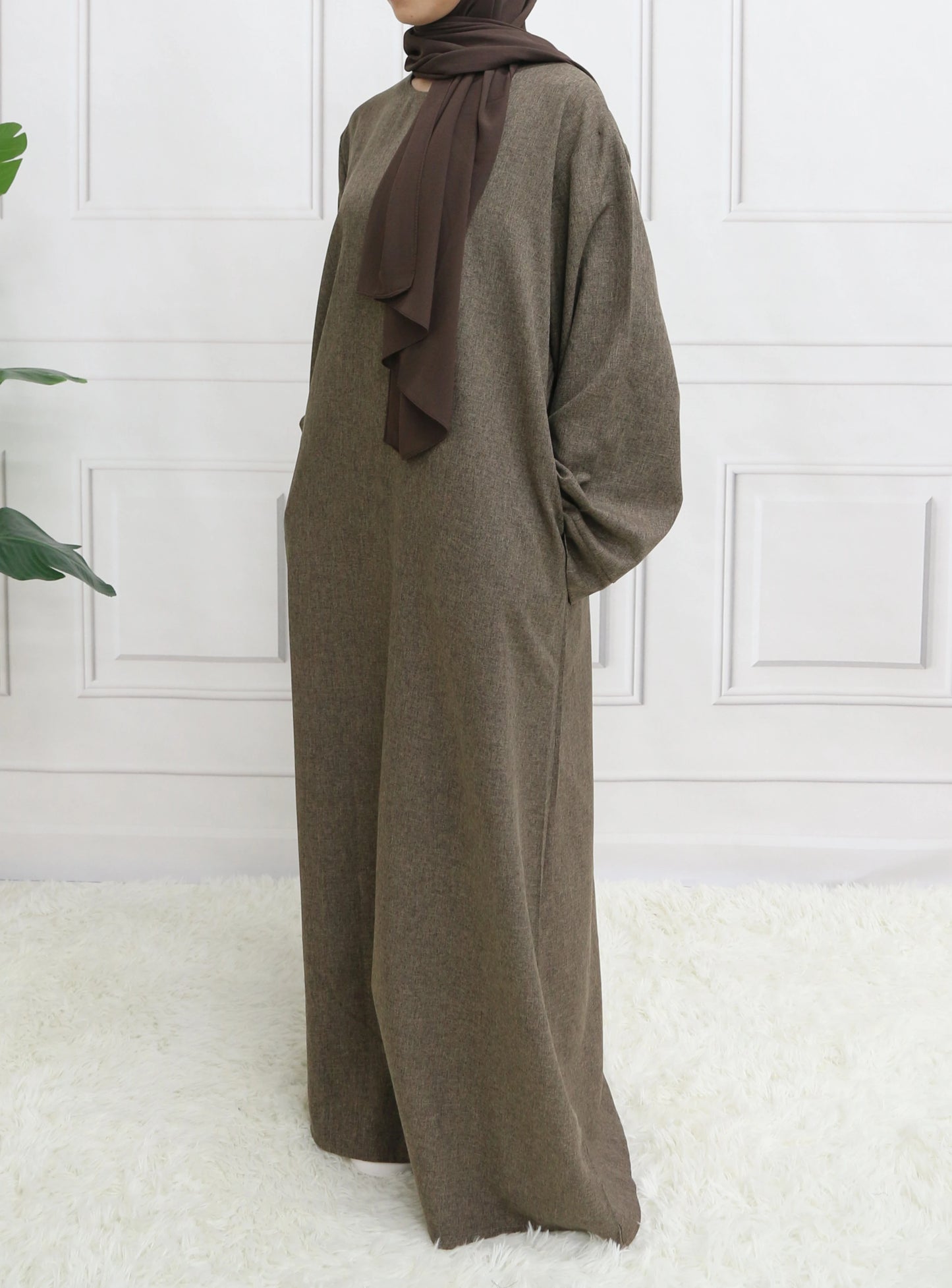 Modest Closed Plain Long Sleeve Abaya Without Hijab With Belt