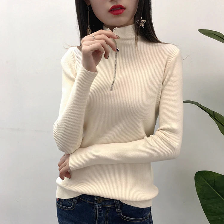 Knitted Women Zipper Half High Neck Sweater Pullovers Autumn Winter Basic Women