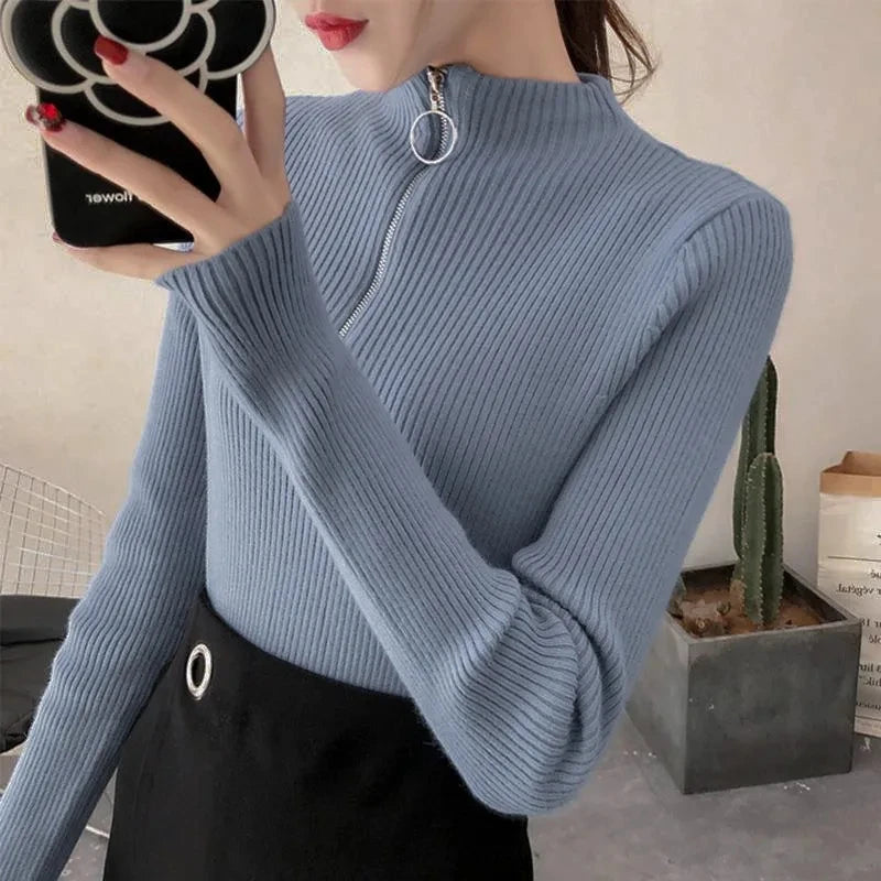 Knitted Women Zipper Half High Neck Sweater Pullovers Autumn Winter Basic Women