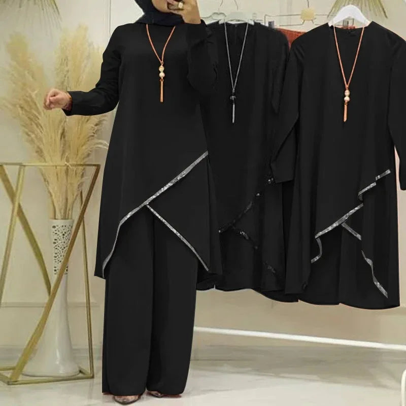 Women Eid Musulman Ensemble Muslim Sets Solid Blouses Wide Leg Pants Ramadan Morocco Two Pieces