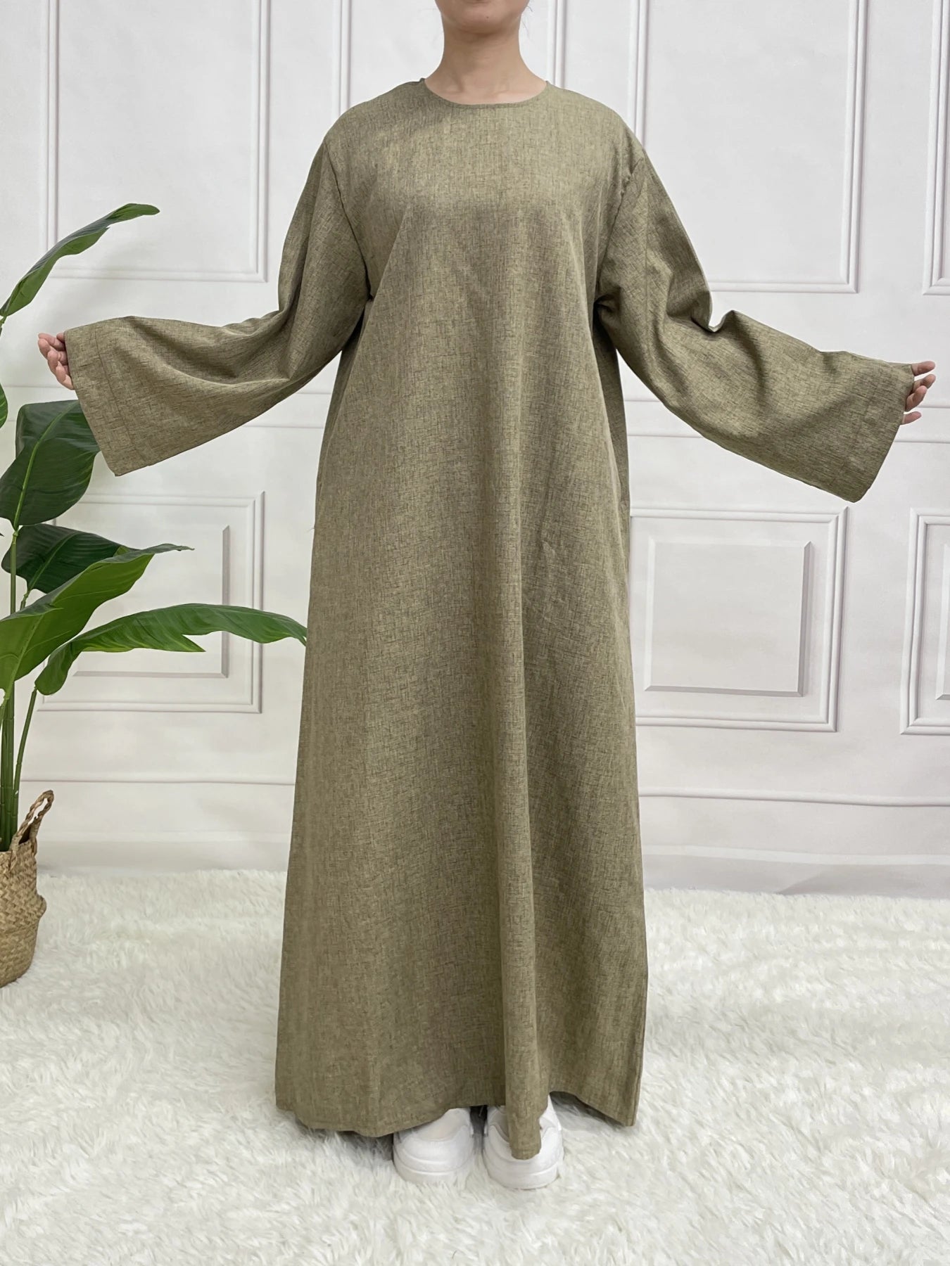 Modest Closed Plain Long Sleeve Abaya Without Hijab With Belt