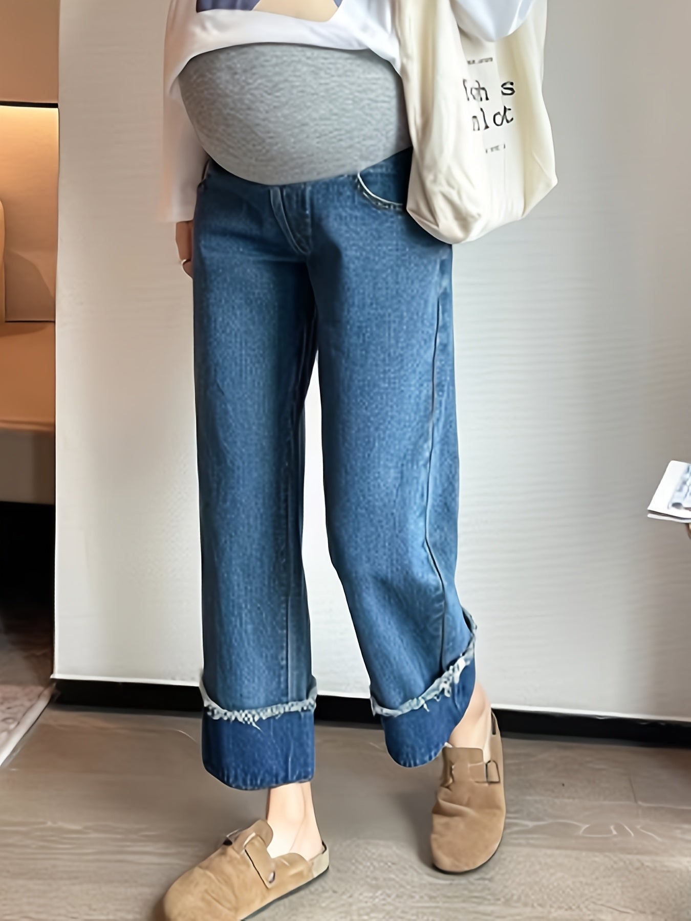 Retro Spliced Maternity Jeans - Fashionable Straight-Leg Nine-Inch Pants, Non-Stretch Denim, Machine Washable, Outerwear, Tube Pants