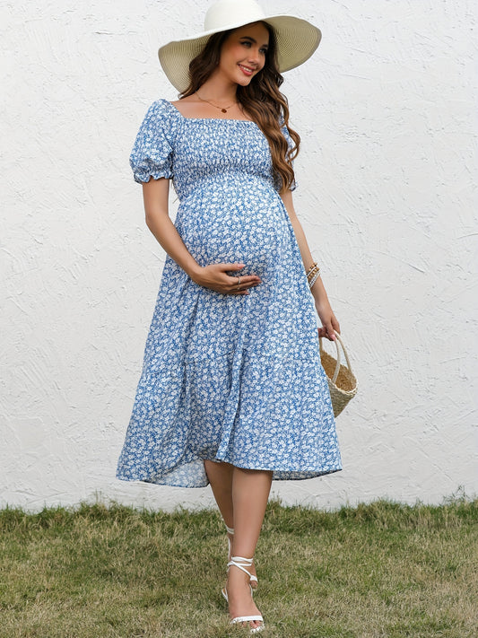 [Cute Floral Maternity Dress Machine] Chic Summer Maternity Dress with Square Neckline & Puff Sleeves