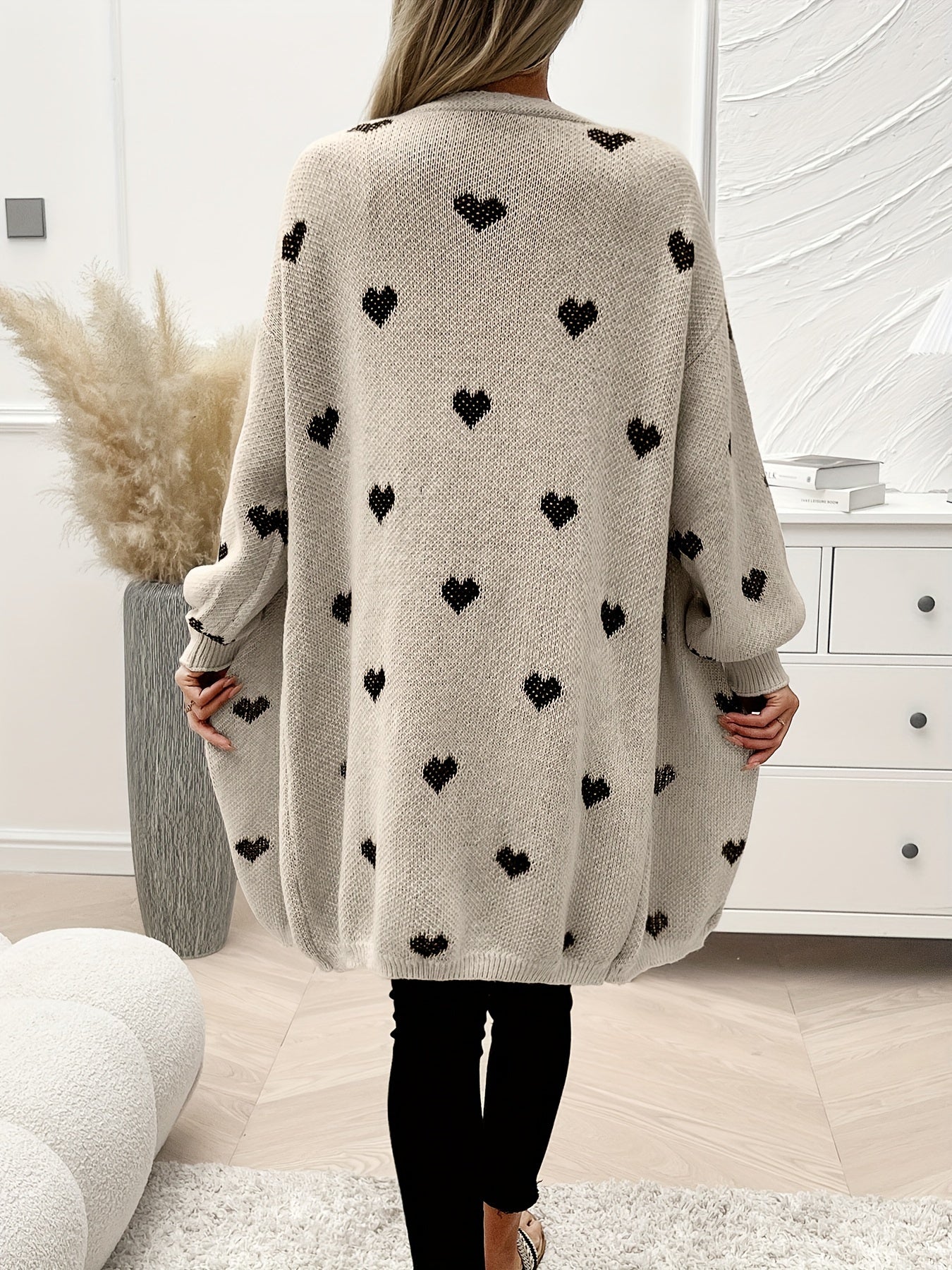 Heart Pattern Open Front Knitted Cardigan, Casual Long Sleeve Drop Shoulder Cardigan For Winter & Fall, Women's Clothing