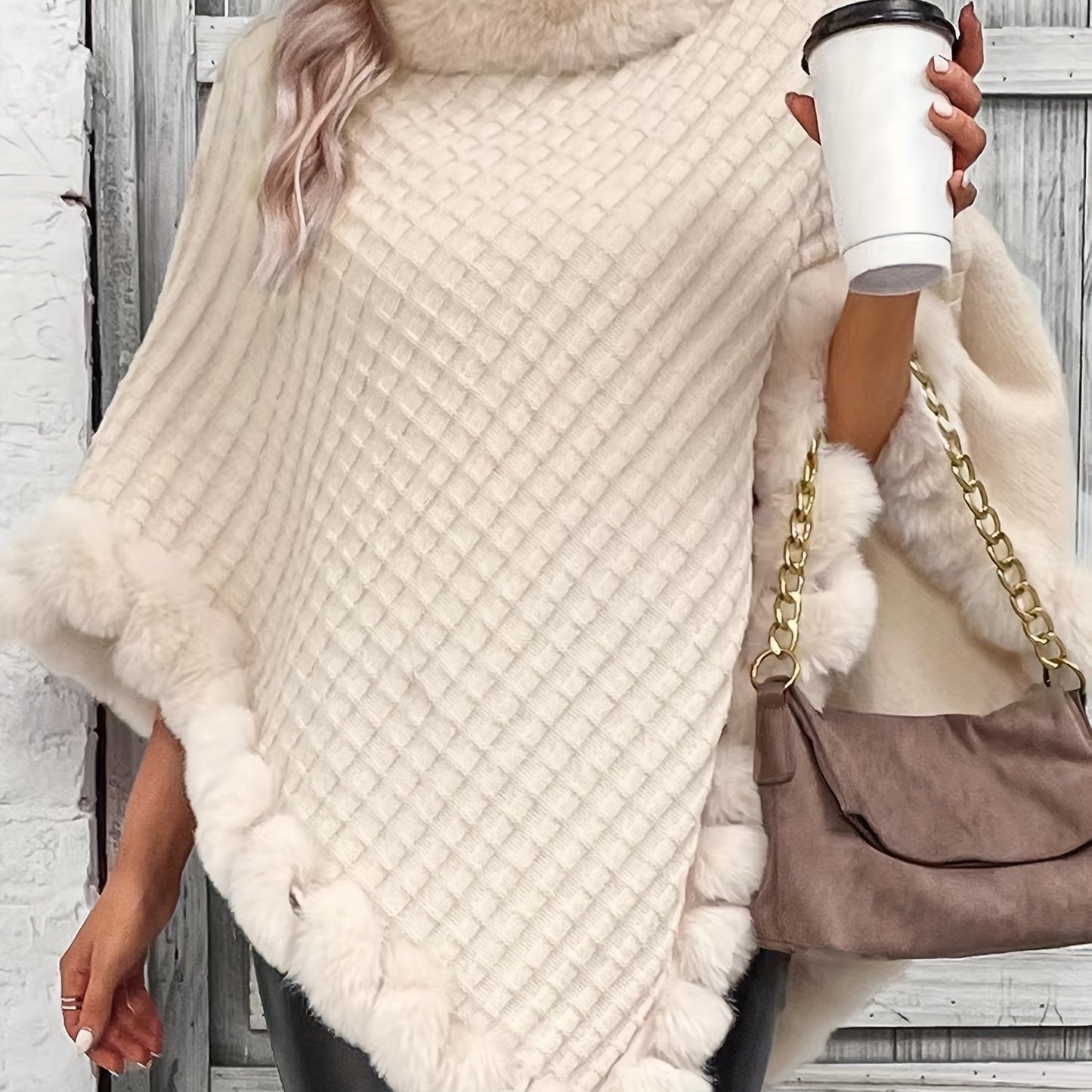 Women's Elegant Cream-Colored Knit Sweater with Faux Fur Trim