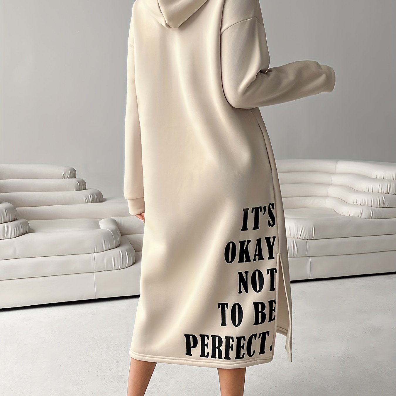 Cozy Letter Print Drawstring Hooded Sweatshirt Dress - Women's Casual Long Sleeve Loose Fit Clothing for Fall & Winter,