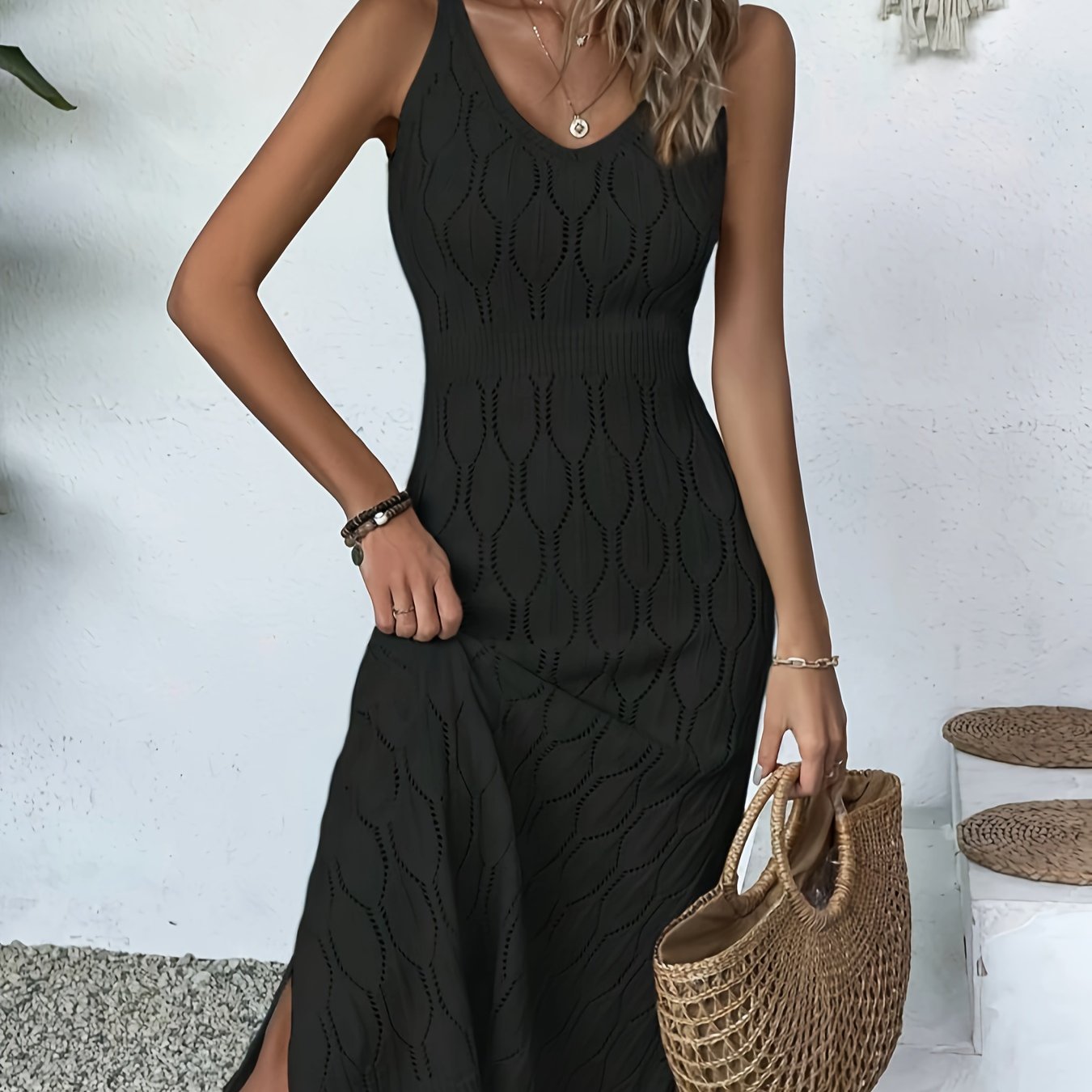 A Sleeveless Long Knitted Dress with a Coat Style, Semi-Transparent And Unlined.