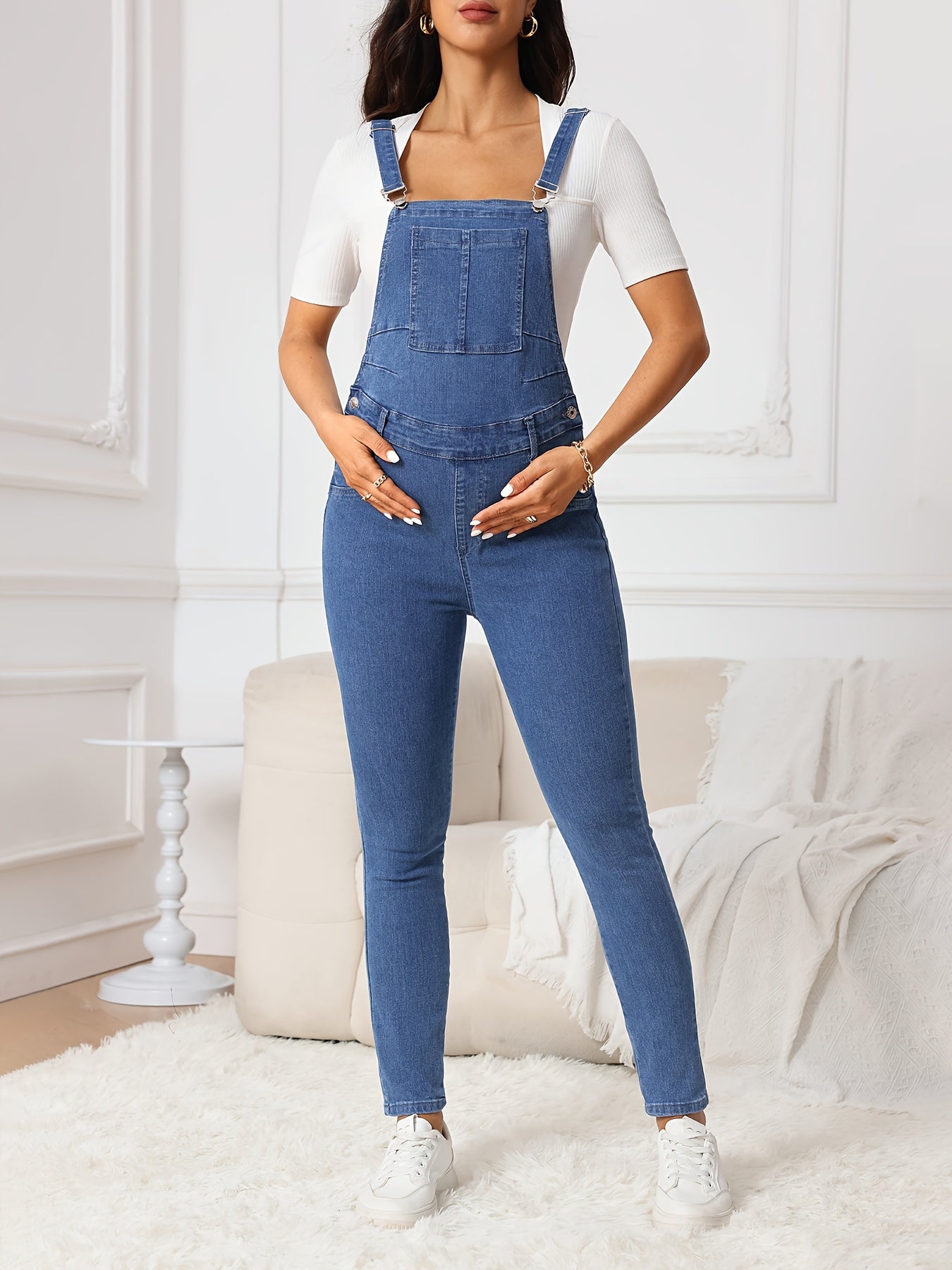 Women's Elegant Maternity Denim Overalls, Breathable Cotton Overalls, Classic Style