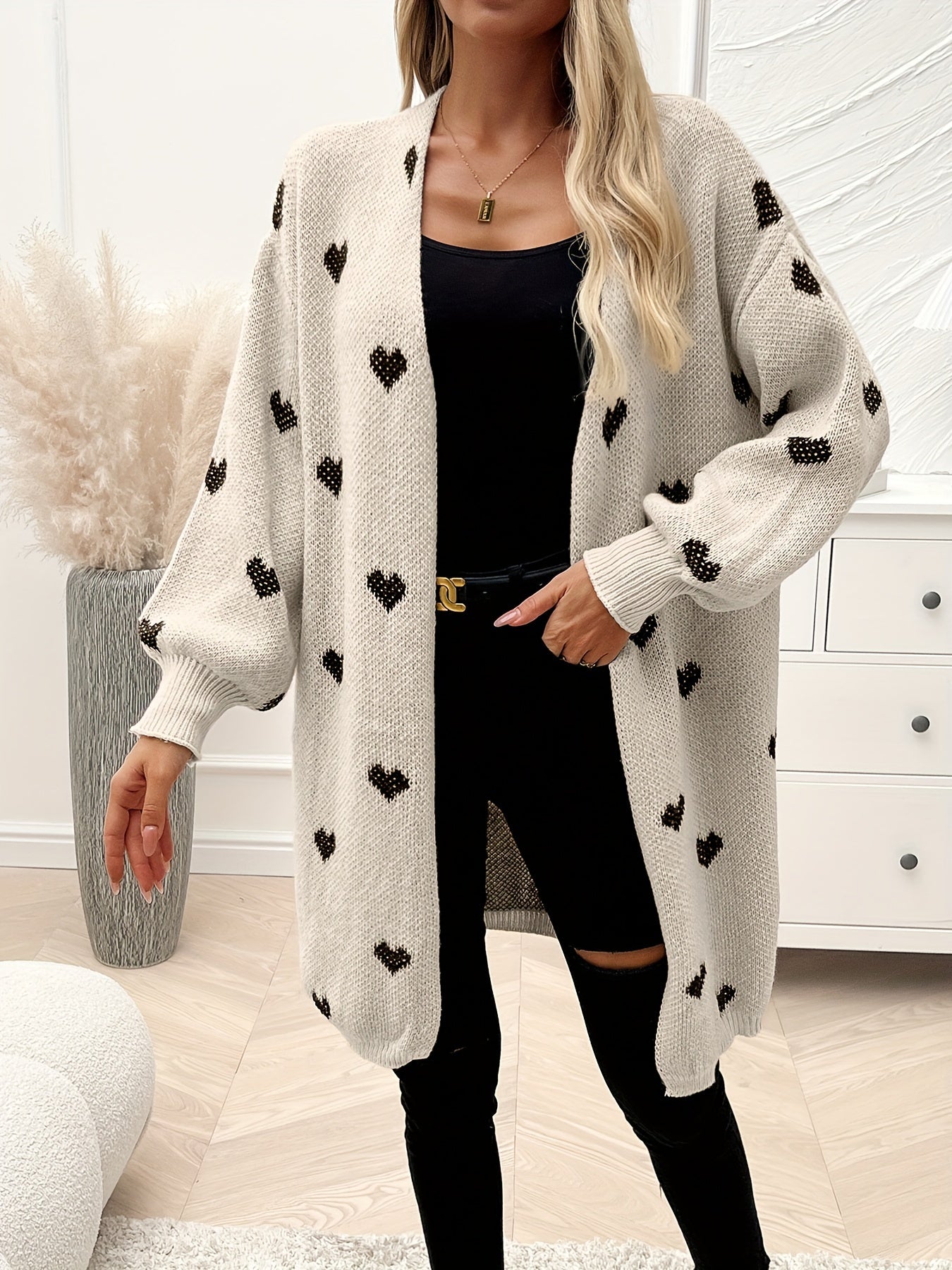 Heart Pattern Open Front Knitted Cardigan, Casual Long Sleeve Drop Shoulder Cardigan For Winter & Fall, Women's Clothing