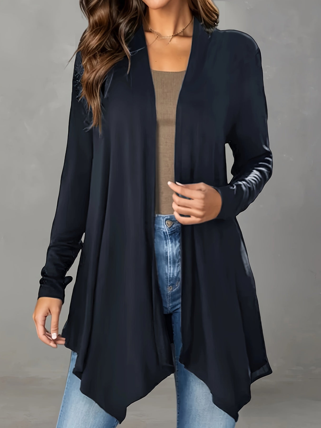 Women's Long Black Cardigan - Casual, Open Front, Lightweight with Asymmetric Hem,