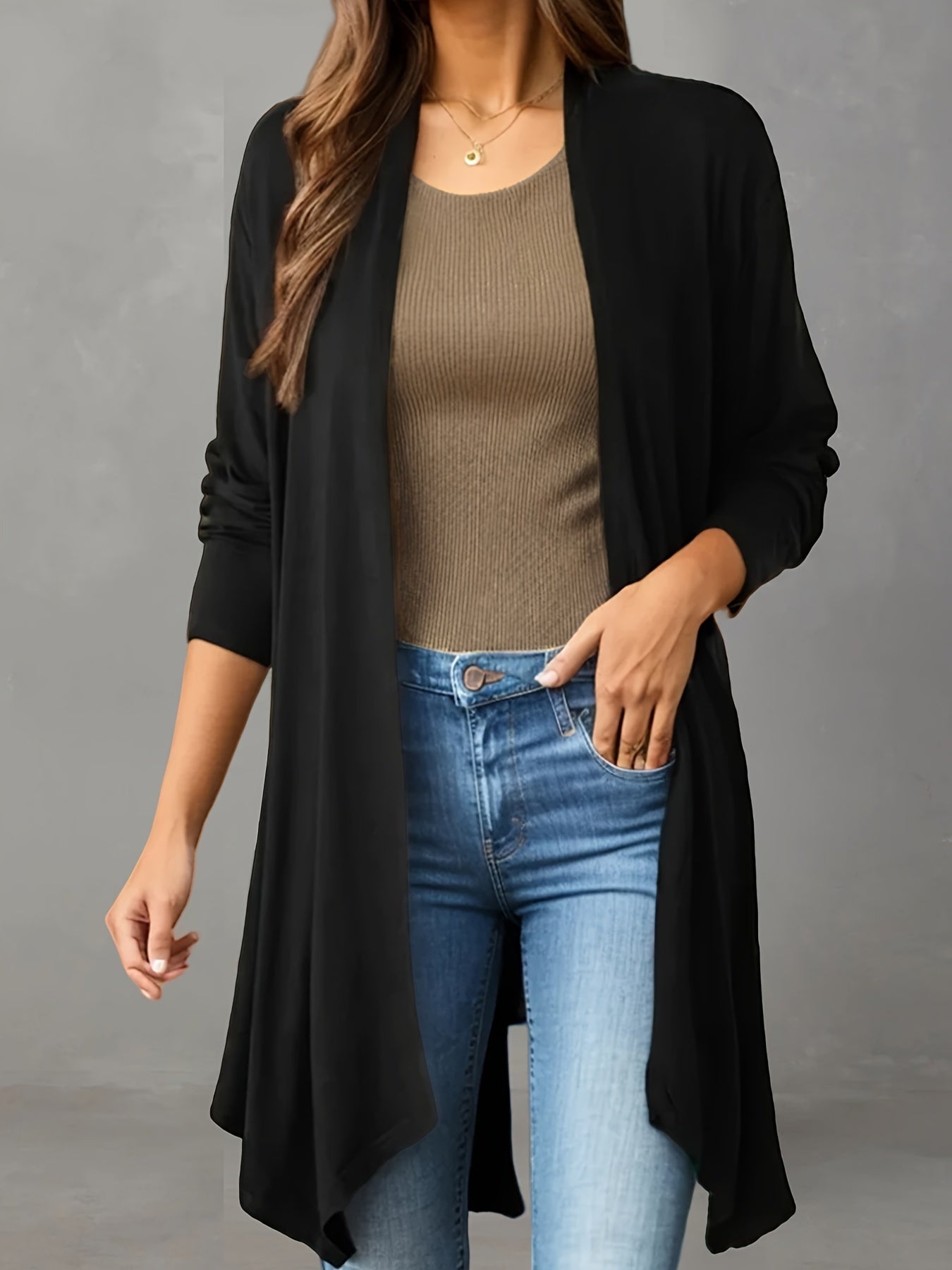 Women's Long Black Cardigan - Casual, Open Front, Lightweight with Asymmetric Hem,