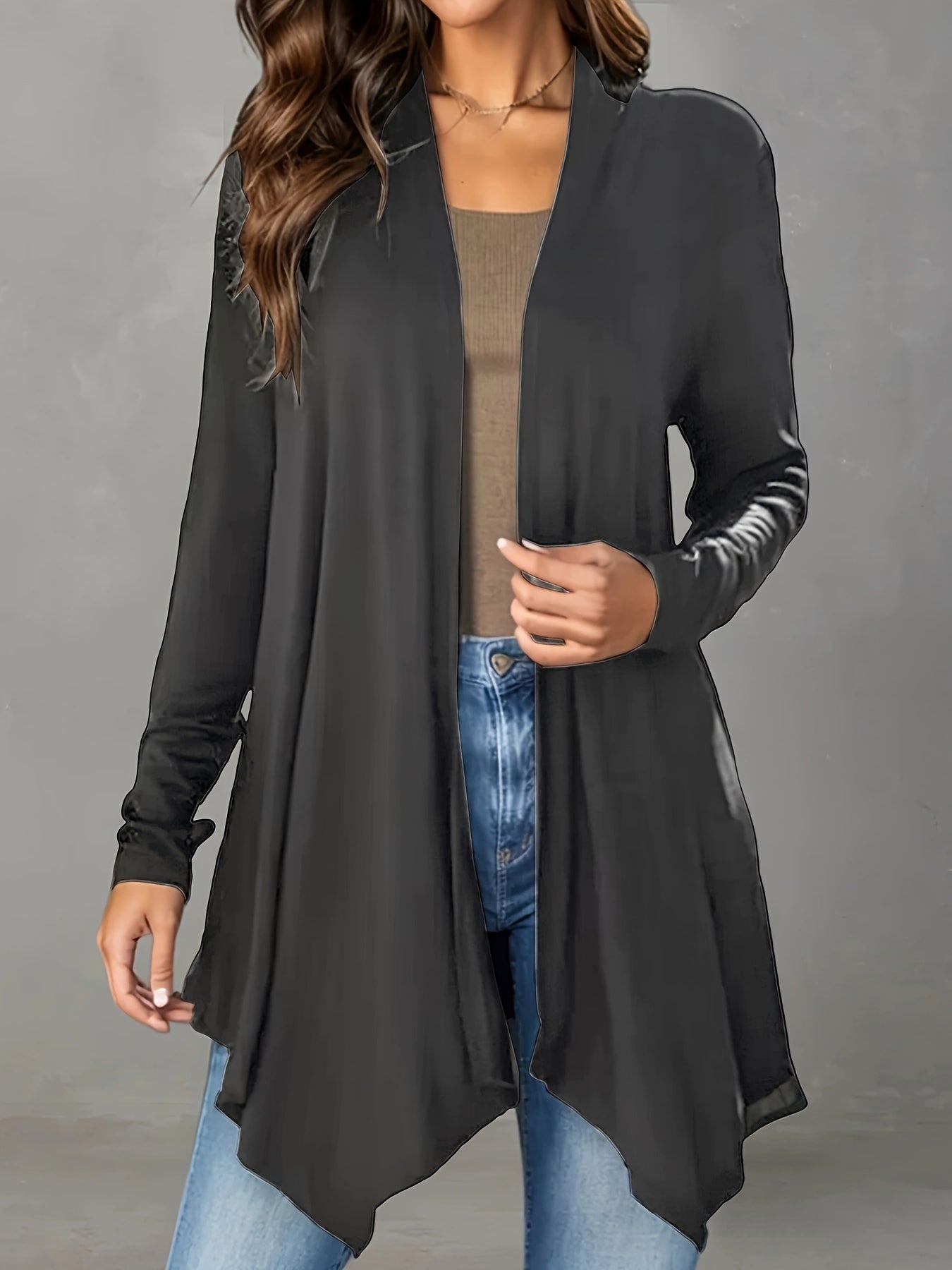 Women's Long Black Cardigan - Casual, Open Front, Lightweight with Asymmetric Hem,